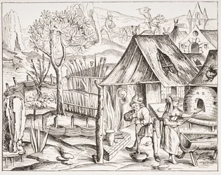 Campesinos cultivando grano y fabricando pan de cebada y avena, después de un grabado en madera de una edición de Virgilio publicada en Lyon, 1517, de 